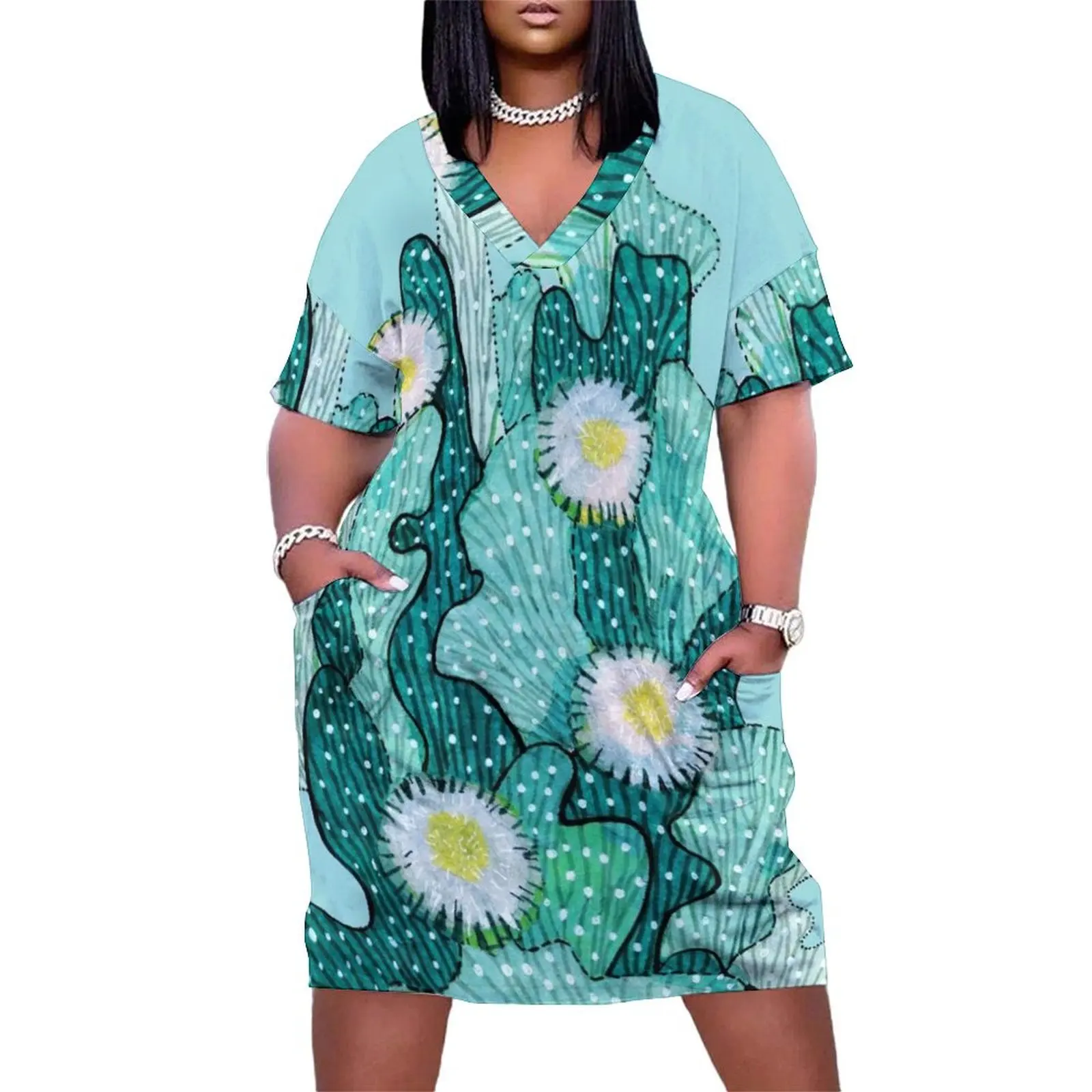 

Blooming Cactus Flowers, Abstract Floral, Turquoise Teal White Loose Pocket Dress sexy dress sexy short dresses daring