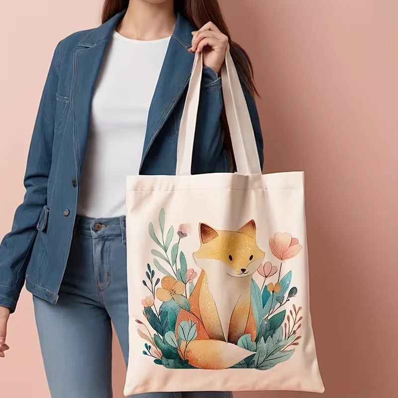 

Watercolor Fox Floral Canvas Tote Bag Cottagecore Wildflower Forest Animal Print Shoulder Handbag for Daily Casual