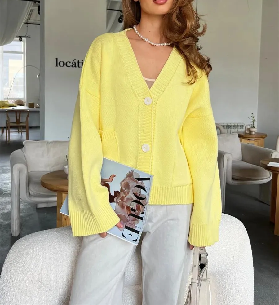 

New Autumn/Winter Fashion Casual Long Sleeve V-neck Knitting Single Breasted Pockets Solid Color Loose Fit Outerwear,4 Colors