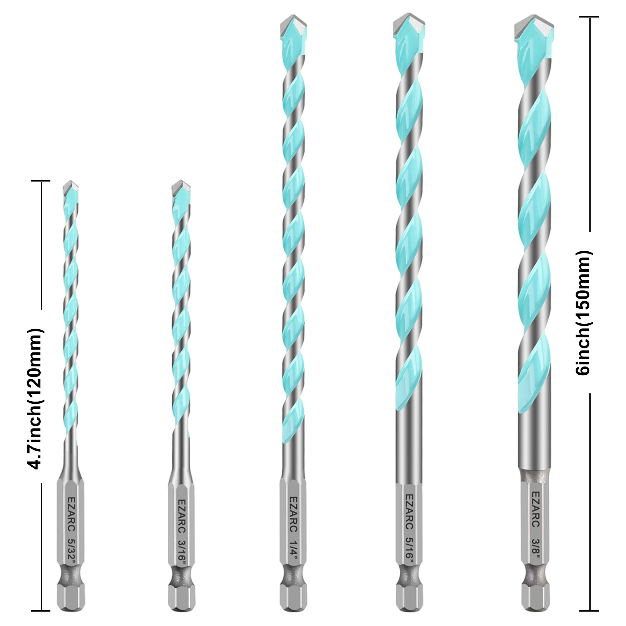 EZARC 5PC Carbide Drill Bit Set, Multi-Purpose Hex Shank Drill Bit for Metal, Masonry, Wood, Block, Brick and Plastic