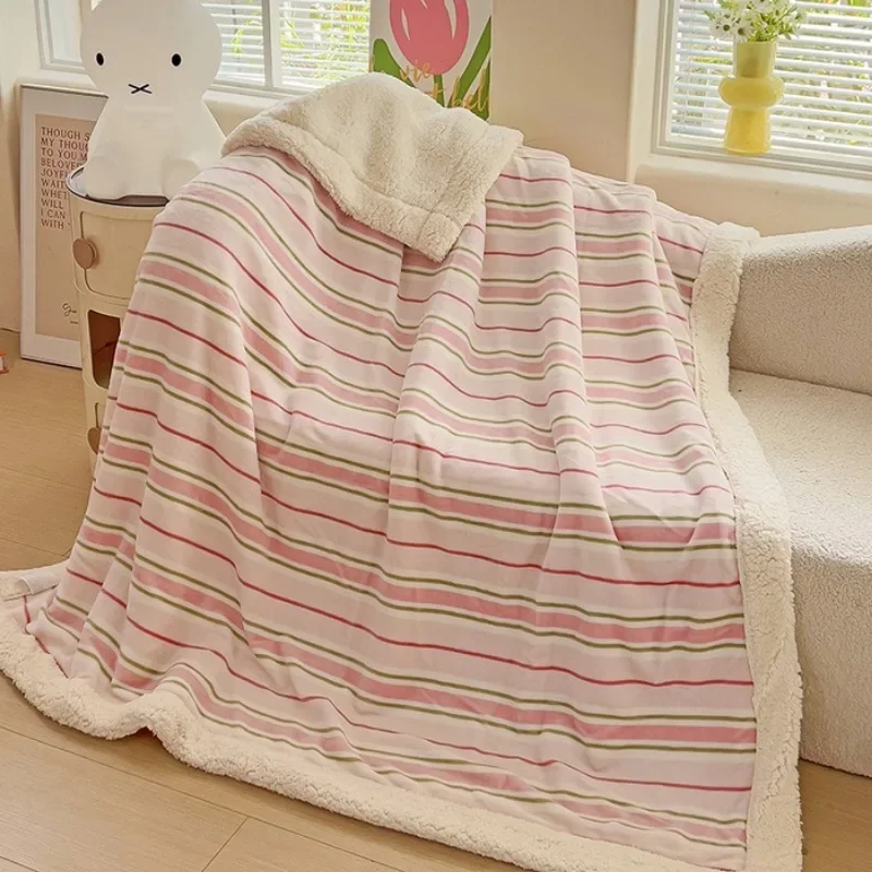 

2025 New Double Blanket Warm Thickened Coral Fleece Office Nap Blanket Striped Milk Fleece
