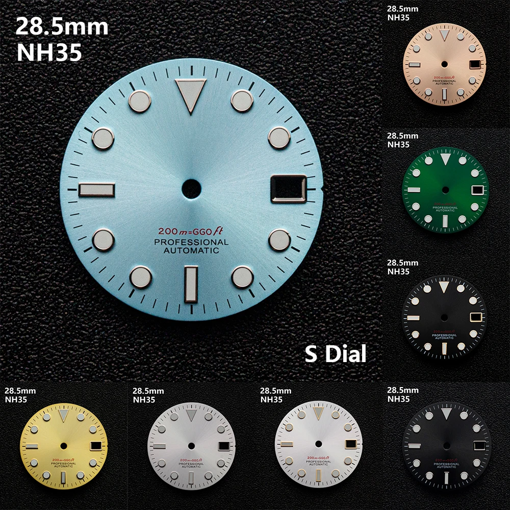 28.5mm S Logo Professional Dial Fit NH35/NH36/4R36 Movement C3 Green Luminous Sunburst Dial Watch Modification Accessories