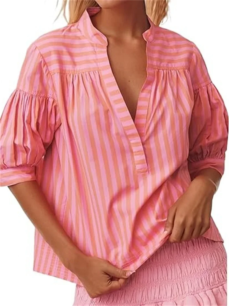 Camisa holgada a rayas para mujer, Blusa plisada de manga corta con cuello de pico profundo, 2024