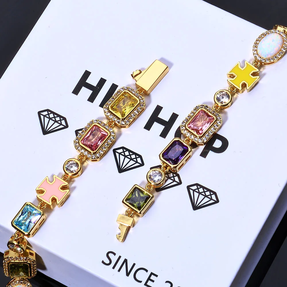 

HHIOK 10mm Colouful Geometric Necklace Bling Multicolored CZ Ellipse Oval Chain with Cross Charm Women Choker