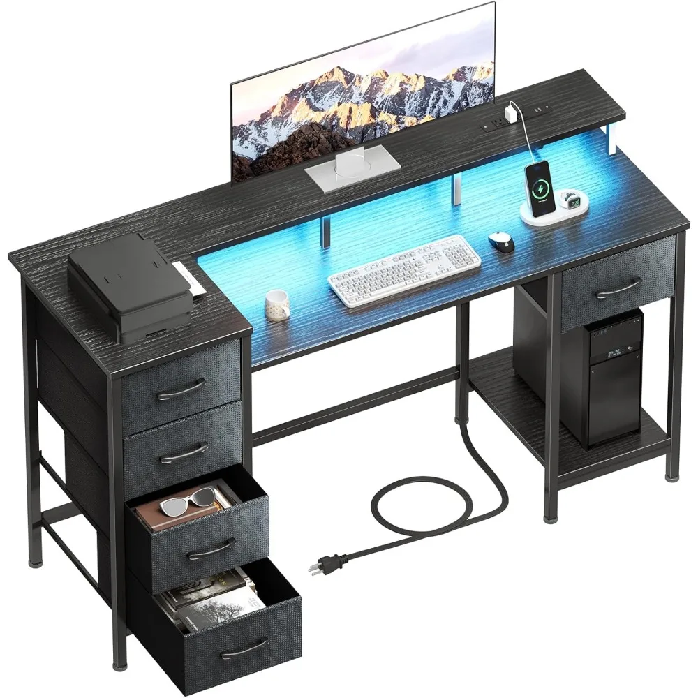 

Premium 47 Inch Computer Desk with 5 Fabric Storage Drawers,Gaming Desk with Power Outlets & LED Lights,Reversible Home Office D