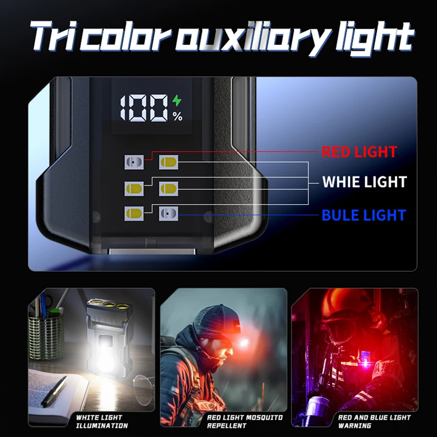 Mini EDC Flashlight USB C Rechargeable Portable Keychain Flashlight Cap Clamp Head Lamp Outdoor Emergency Red and Blue Light