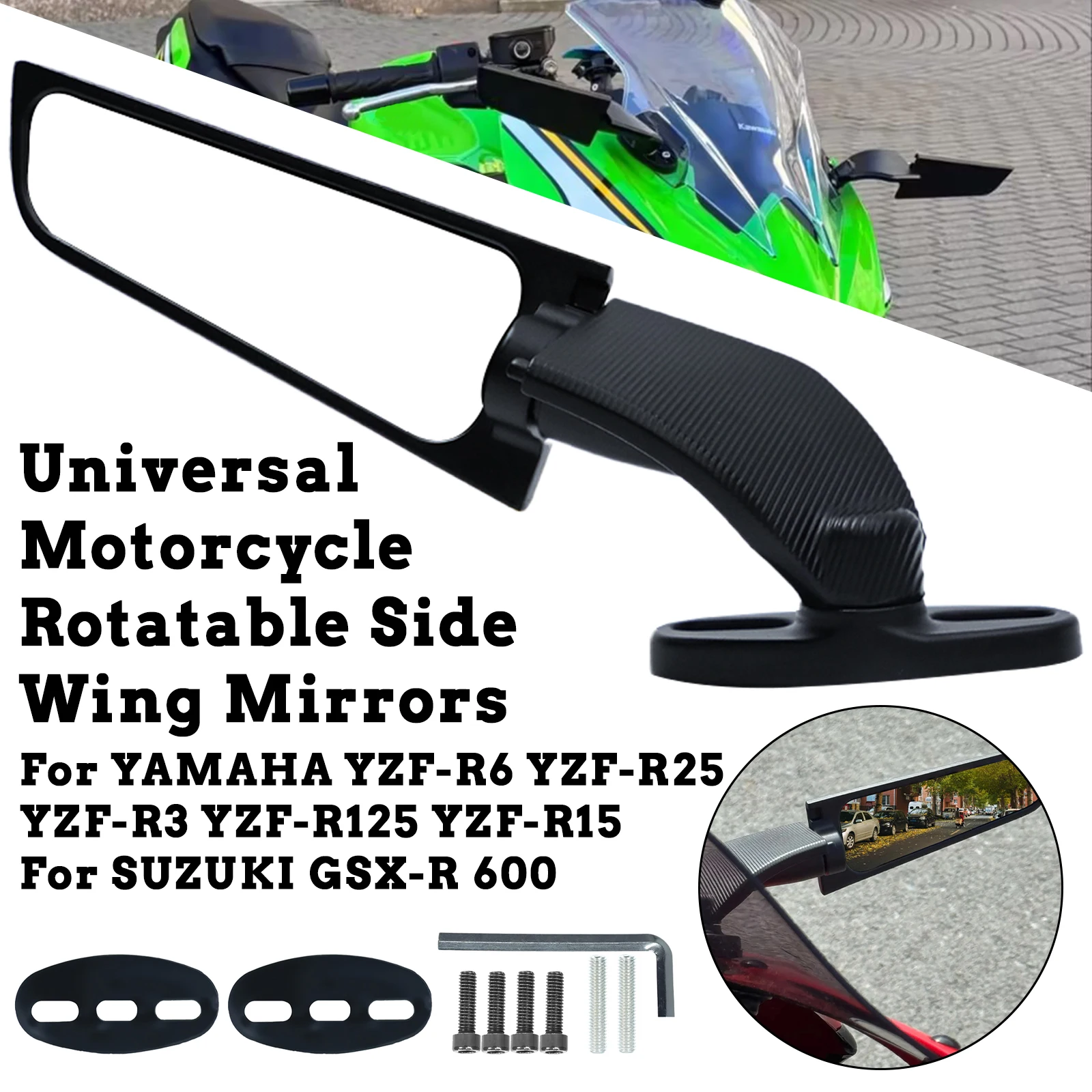 Espelhos Laterais Universais para Motocicleta para YAMAHA YZF R6 R25 R3 R125 R15 e SUZUKI GSX-R 600, Espelhos Retrovisores Dobráveis