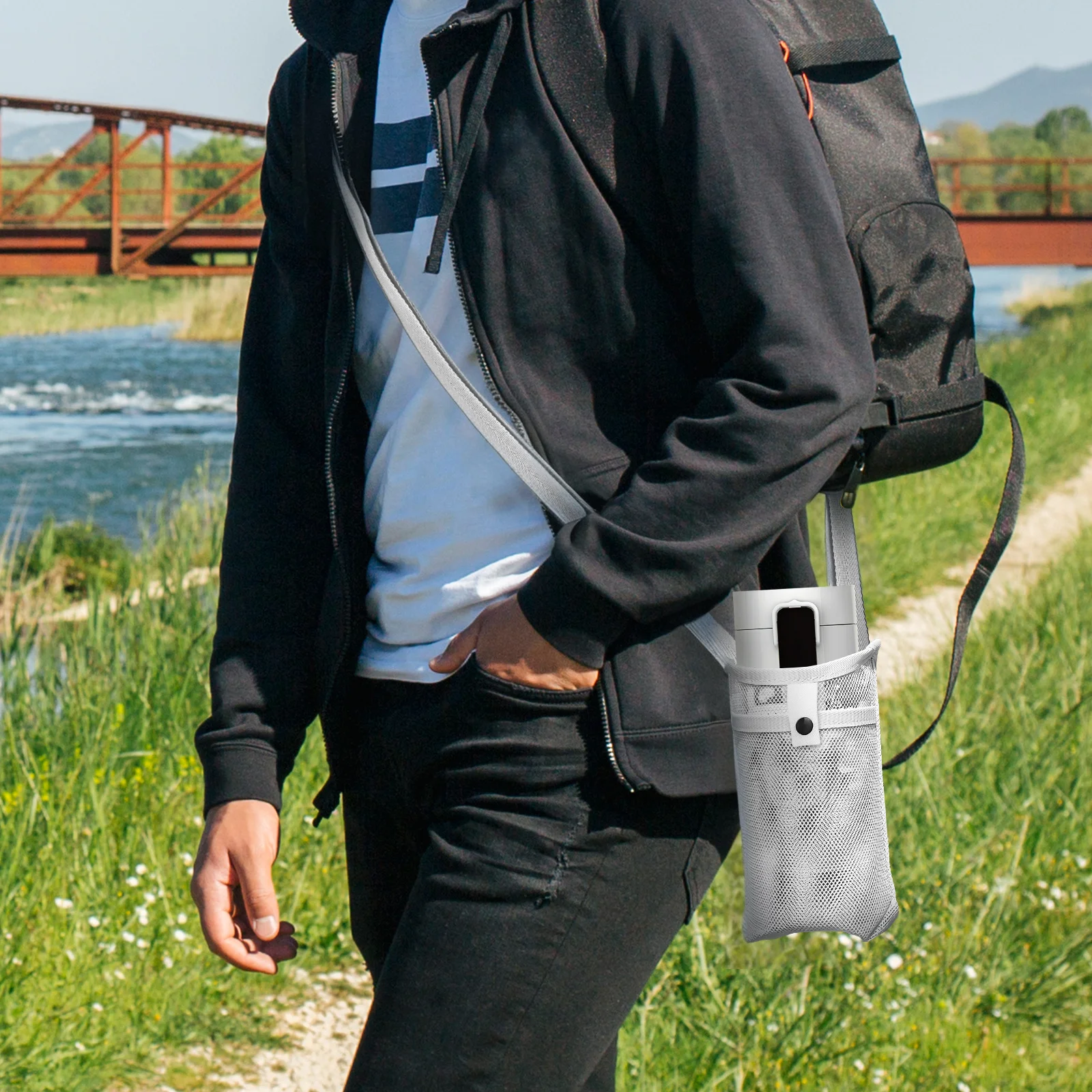 3Pcs Mesh Water Bottle Bag Crossbody Style Adjustable Strap for Hiking Travel Daily Use Lightweight Pouch Cup Bags