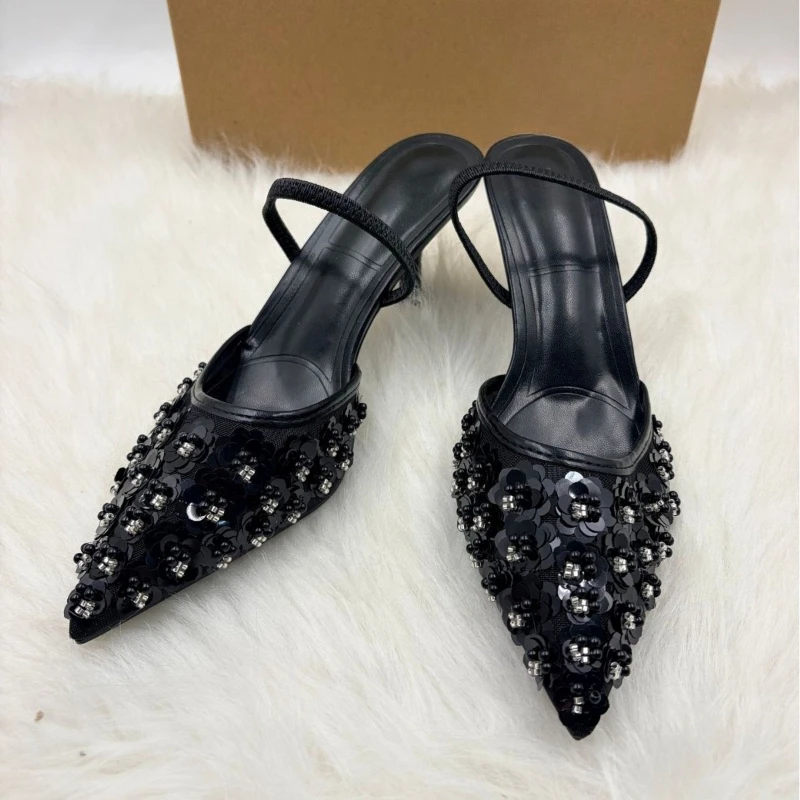 

Bright Flower Pearl Women's High Heels Ladies Pointed Toe Thin Strap Stiletto Sandals Summer Back Strap Fashion Party Heel Shoes