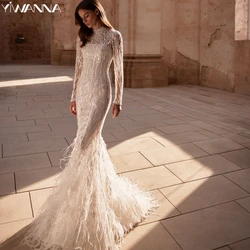 Exquisite Feathers Mermaid Long Wedding Dress Sequined Pearl Bride Robe Modest High Collar Bridal Gown Customized Robe De Mariée