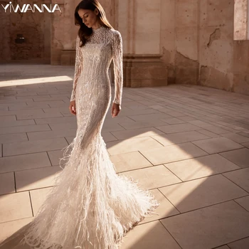 Exquisite Federn Meerjungfrau Langes Hochzeitskleid Pailletten Perle Braut Robe Modest Hoher Kragen Brautkleid Maßgeschneiderte Robe De Mariée