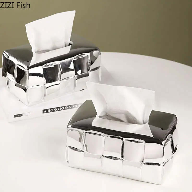 Asymmetric Grid Silver Plated Tissue Box Creative Decorative Paper Towel Case Coffee Table Desktop Tissue Boxes Modern Decor