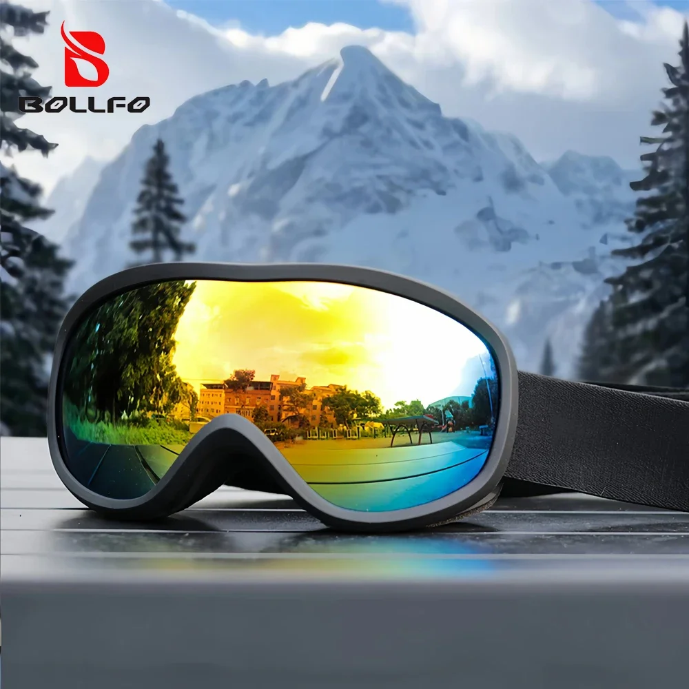 BOLLFO Moto Snowboard Goggles Double Layer Anti-Fog UV400 8-Layer REVO Coated Winter Skiing And Driving Glasses for Men & Women