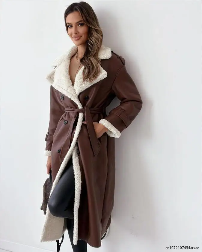 Fur Leather Long Jacket Coats Women Belt Lambswool Long Sleeve Turndown Collar Pocket Female Coat Autumn Winter Lady Overcoat