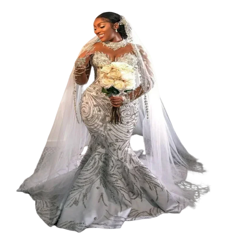 

Customized Full Beads Sequins Mermaid Wedding Dress Chapel Train African Illusion Long Sleeves Vestido De Casamento Bridal Gown