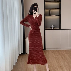 Elegant Autumn Lace Party Two Piece Set New Vintage Women V Neck Buttons Split Short Tops + Mermaid Bodycon Long Skirt Suits