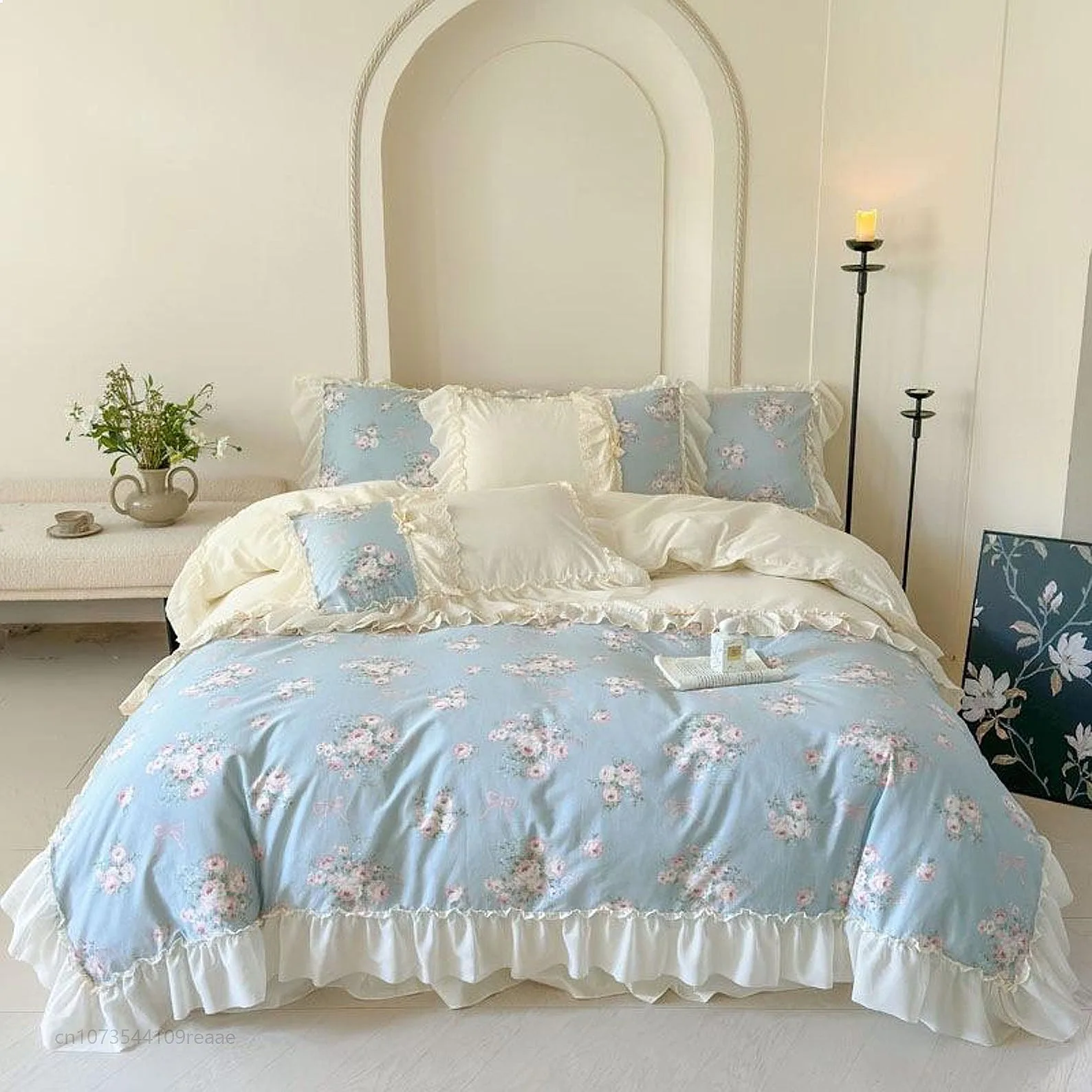French Floral Cotton Lace Duvet Cover Only Soft Skin-Friendly Flower Print