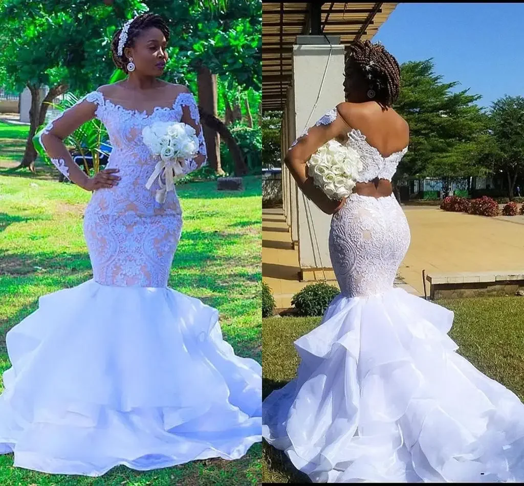 Vestidos de novia de sirena africana de talla grande personalizados, falda escalonada con volantes en cascada moderna, vestido de novia de manga larga de encaje