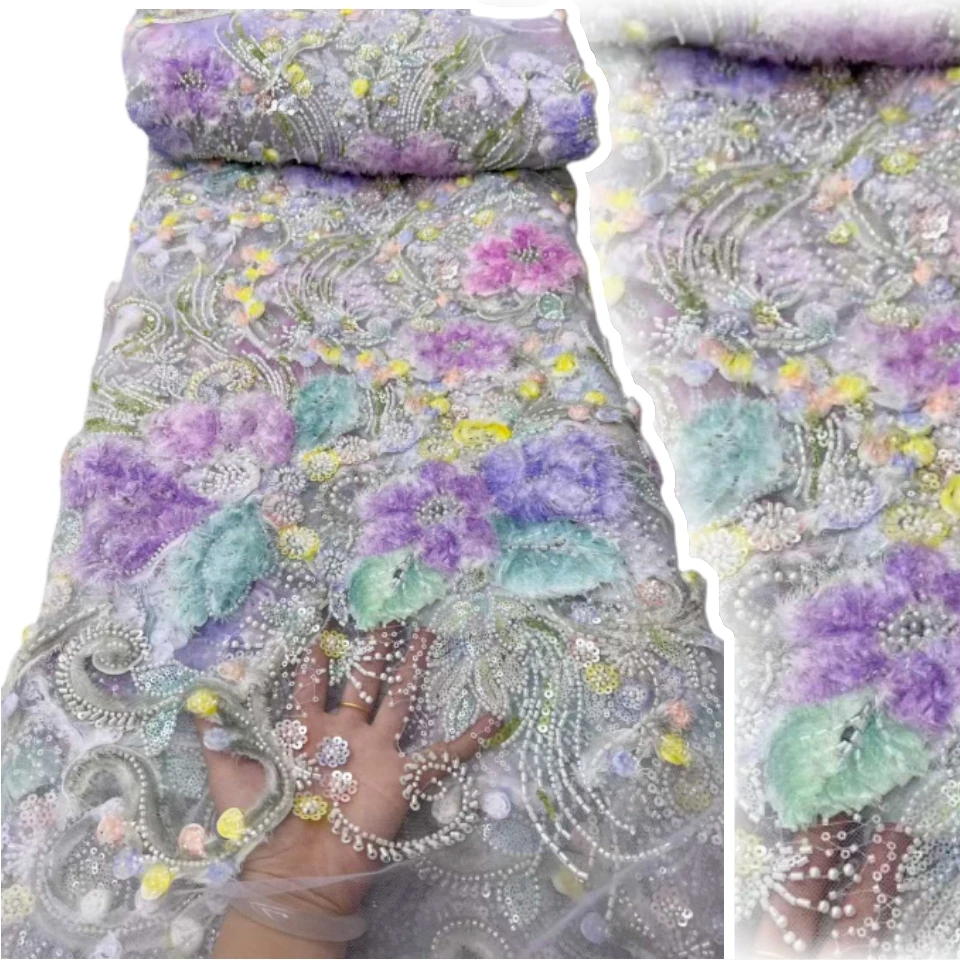 

5 Yards African Beads Groom Tulle lace Fabric High Quality Sequins Embroidery French Tulle Laces For Nigeiran Party Sewing 2017