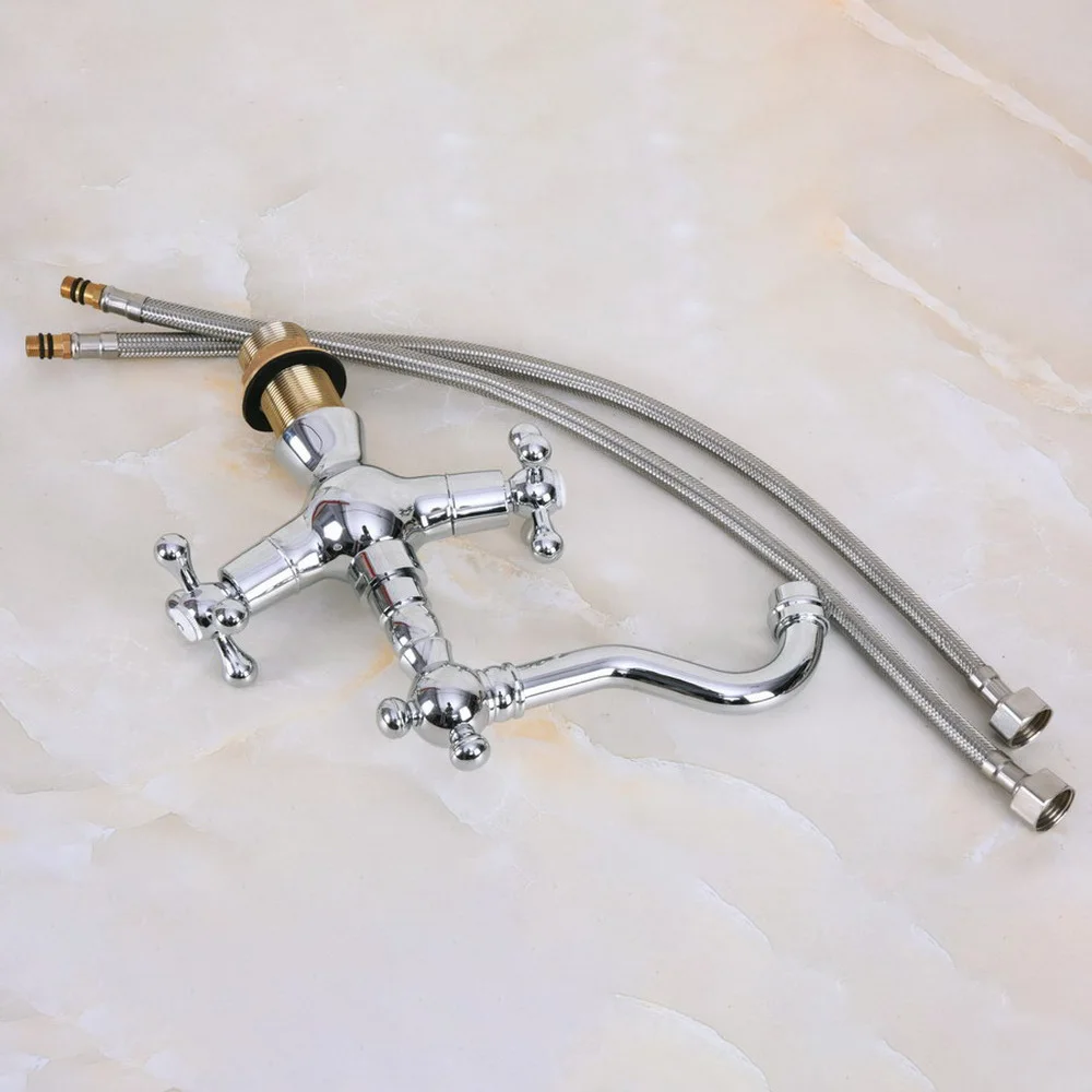 

Смеситель для раковины/кухонной мойки с двумя перекрестными ручками, полированный хромированный латунный, с одним отверстием, поворотный излив, mnf921