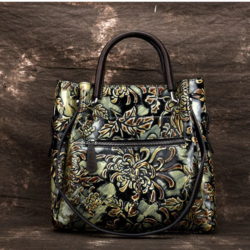 Natural Skin Embossed Messenger Shoulder Female Handbag Tote Bags Floral High Quality Genuine Leather Women Top Handle Bag