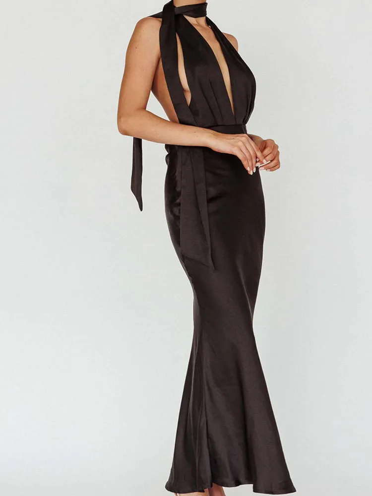 Sexy profundo decote em v rendas vestido de noite moda sólida cetim magro bodycon vestido longo feminino verão sem costas oco boho vestido mujer