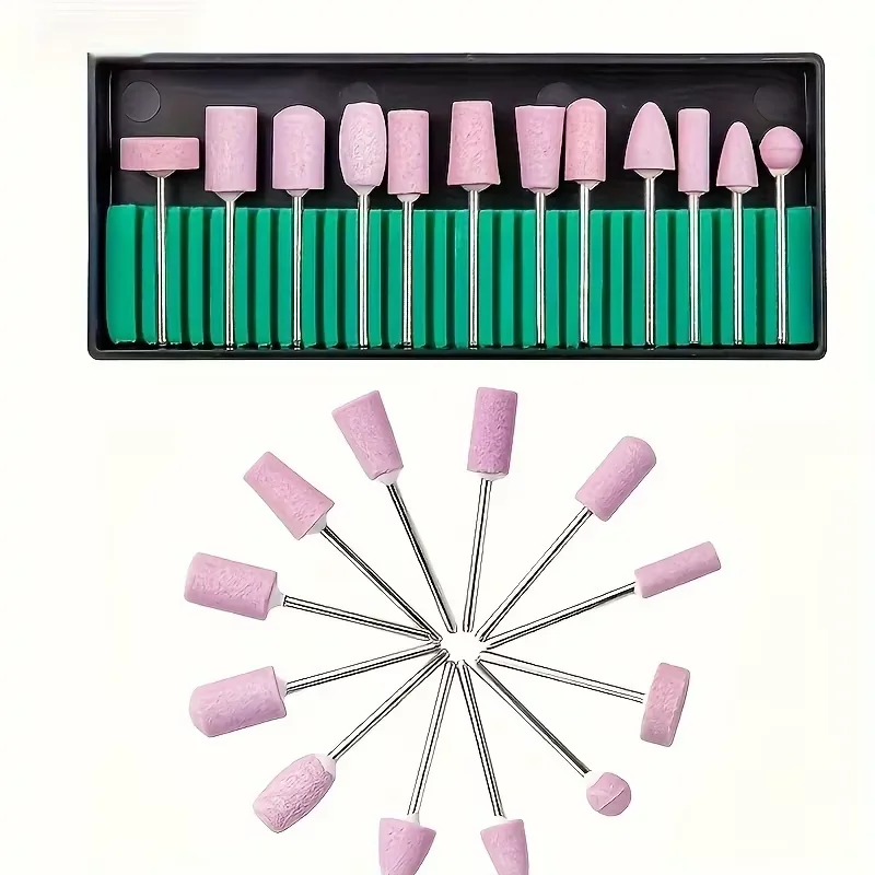 12pcs Pink Electric Nail Drill Bits Set with Case - Manicure Pedicure Salon Polishing Tools