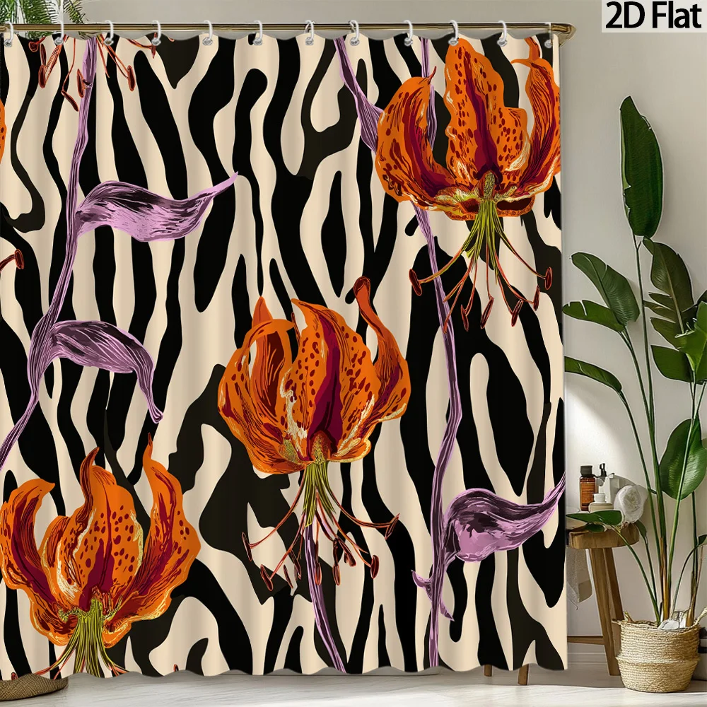 

1 шт. 2D плоская шторка для душа с цветочным узором, оранжевая, с принтом лилий и зебры, из полиэстеровой ткани, декор для ванной комнаты, праздничный подарок, подвесная занавеска