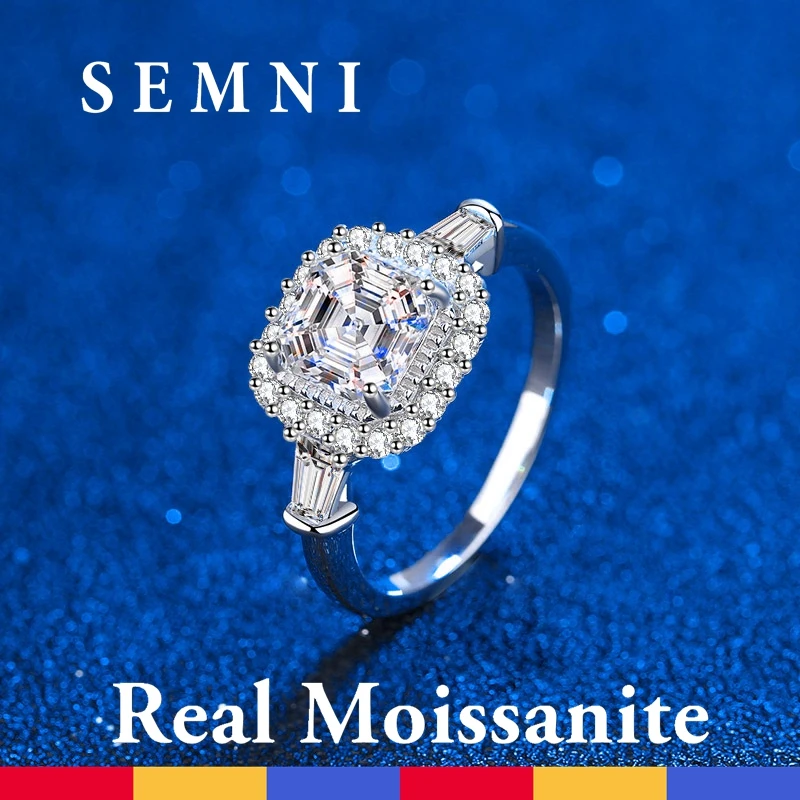 SEMNI 2.0ct Real Moissanite Square Ring for Women Girls Chamfer Asscher Cut S925 Sterling Silver Fine Jewelry Wedding Christmas