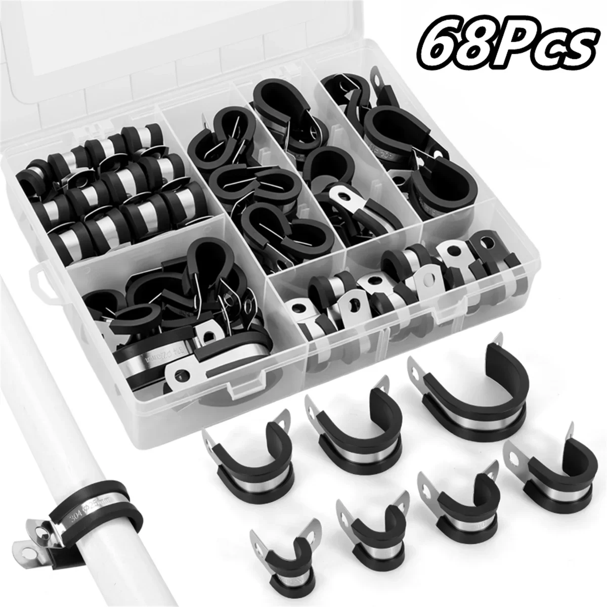 68Pcs 304 Stainless Steel Rubber Cushioned Cable Clamps Assortment Kit 1/4 to 1 Inch R-Type Insulated Metal Pipe Tube Clamp Set
