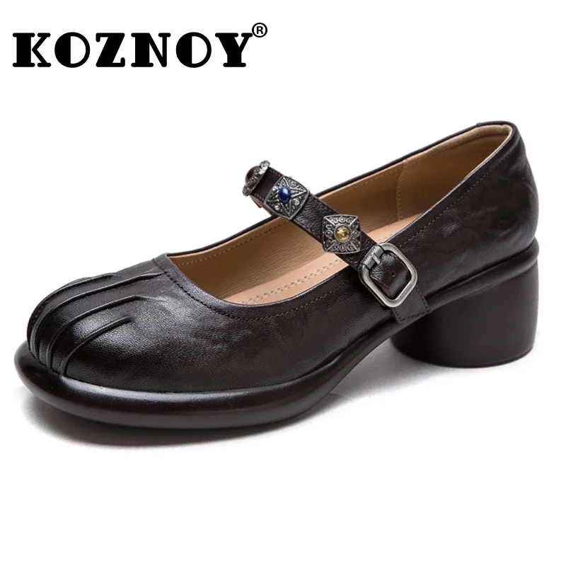 

Koznoy 5cm Natural Cow Genuine Leather Ethnic Chunky Heels Summer Women Strap Buckle Ladies Fashion Spring Autumn Rubber Shoes