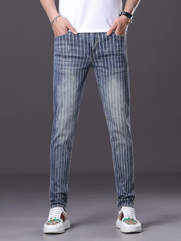 

High-End Slim Fit Printed Denim Jeans Men's Trendy Brand Casual Long Pants Spring Summer Cotton Stretch Denim Youth ular