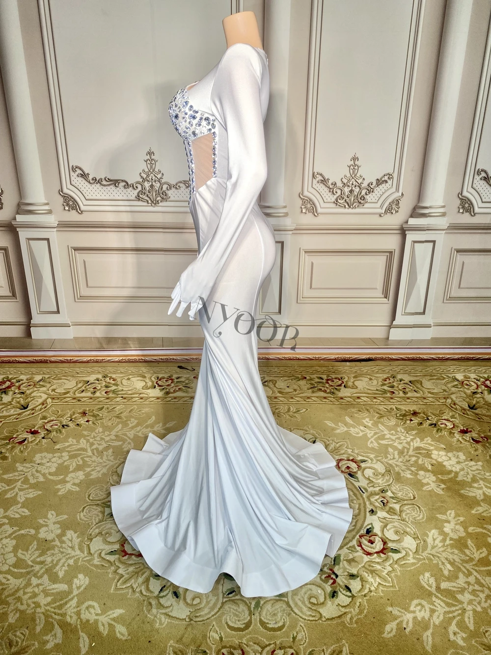 Sparkly Rhinestones White Mermaid Dress with Gloves for Women Elegant Birthday Celebrate Wedding Evening Prom Dresses