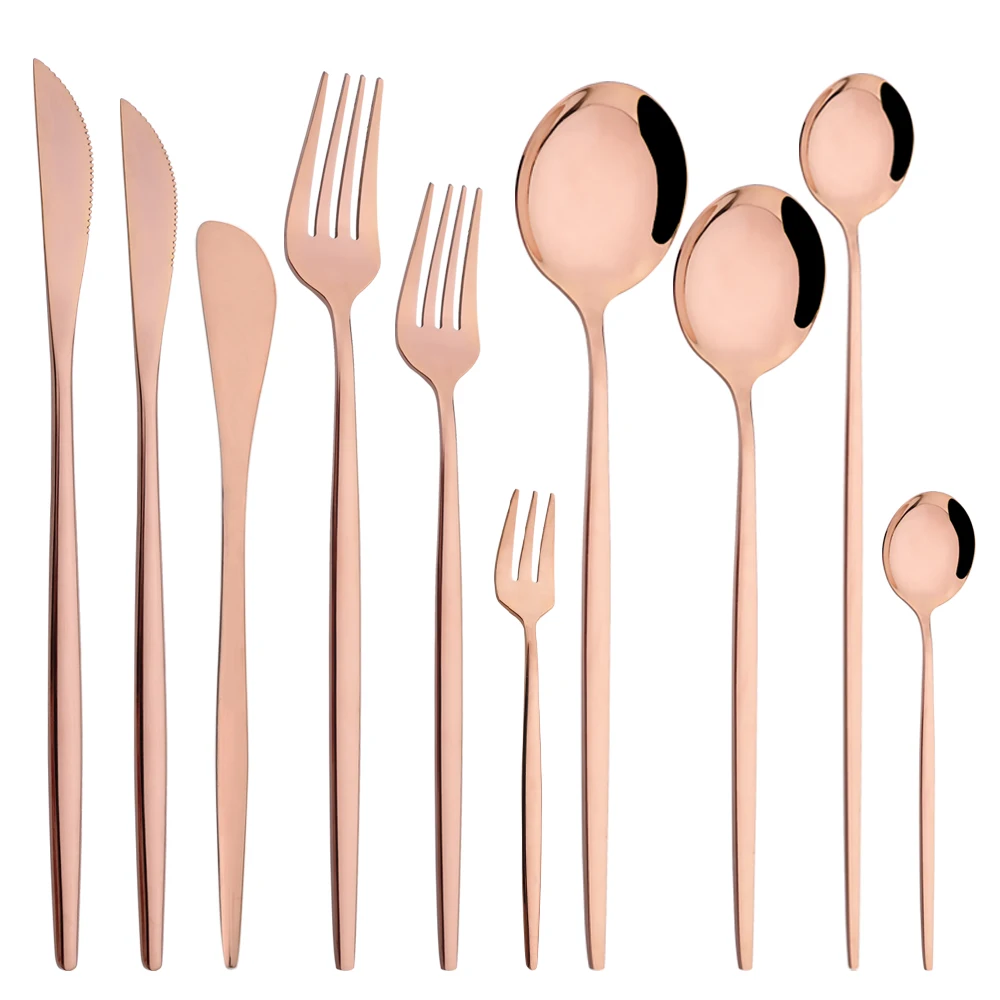 Western 6Pcs Rose Gold Dinnerware Set Fork Knife Spoon Flatware Stainless Steel Cutlery Set Lomg Ice Spoon Kitchen Set Tableware