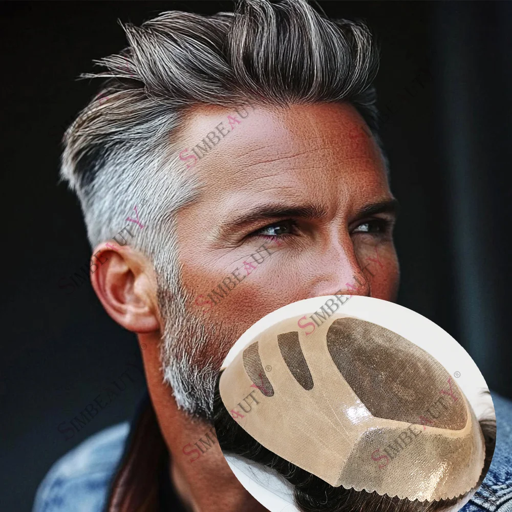 

Durable NPU Bond 1B65# 100% Human Hair Men Toupee Fine Mono Base With PU Gray Hair Prosthesis Natural Frontline Hair Replacement