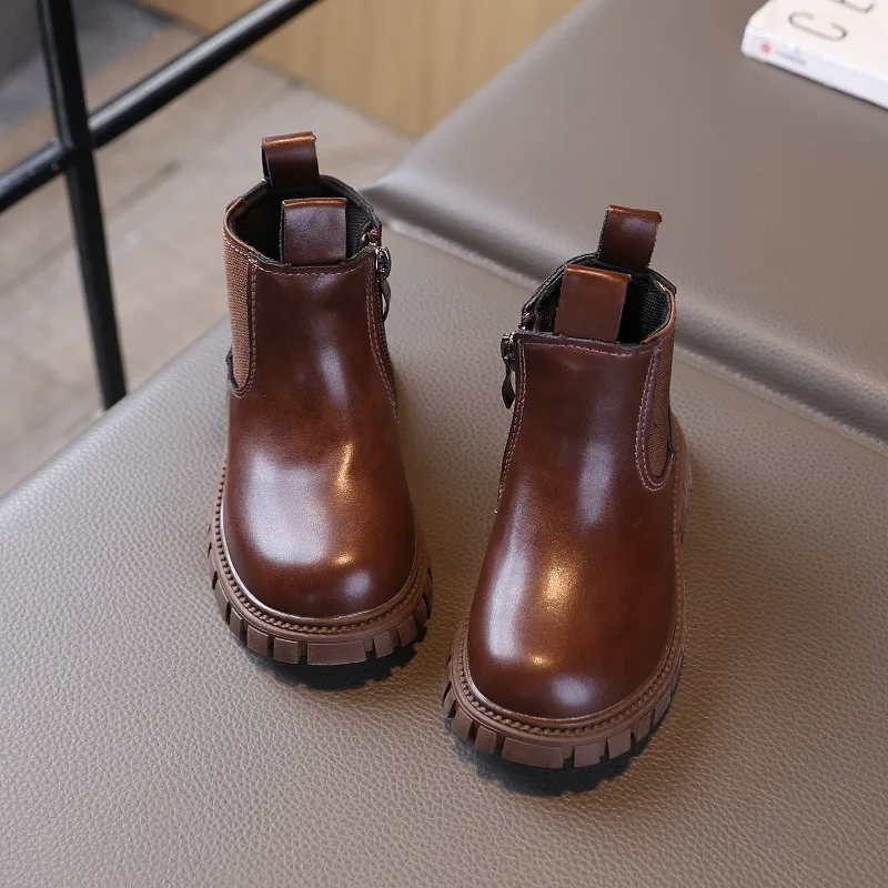 Children's Fashion Ankle Boots Ages 0-8 Brown Chunky Sole Boys Girls Baby Flats All-Season Anti-Slip Kids Chelsea Boots Shoes
