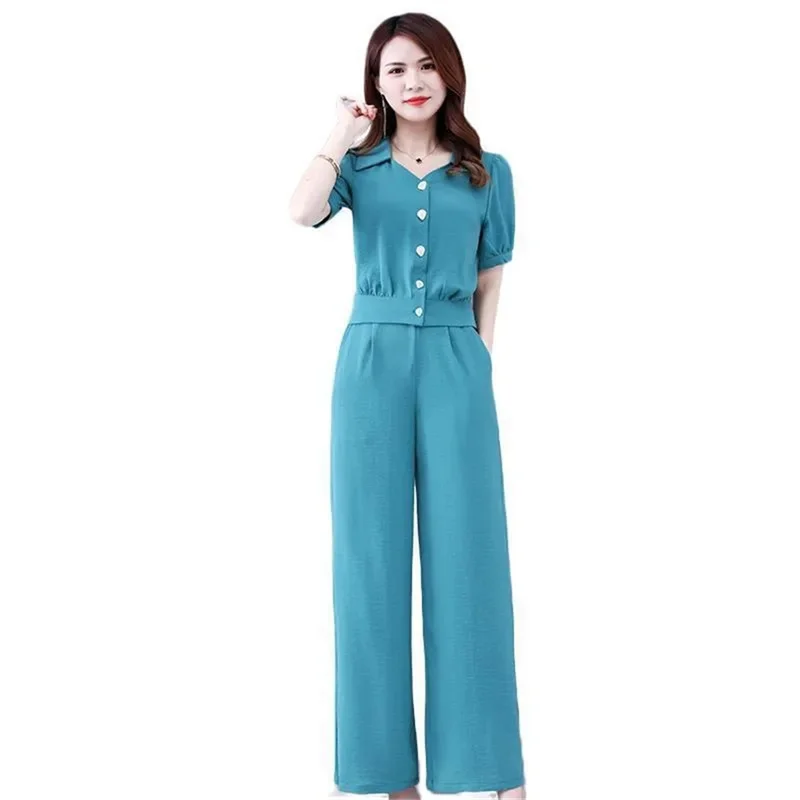 Trousers Suit 2024 Summer Sets Fashion Two-piece Suit Short Sleeve V-neck Shirt And Pant Solid Color Suit For Women Elegant 3XL