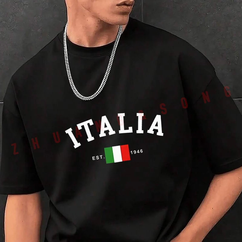 

Italia Letter Print Motorcycle Fashion T-shirt Casual Trendy Tshirts For Summer Comfortable Short Sleeve Tops