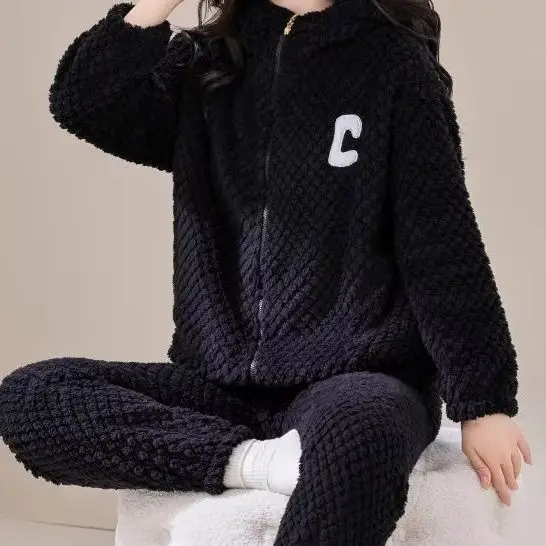 Autumn Winter High-grade Hooded Pajamas Velvet and Thick Zipper Casual Wear Home Suit Set Cosy Thermal Pajamas Both Men Women