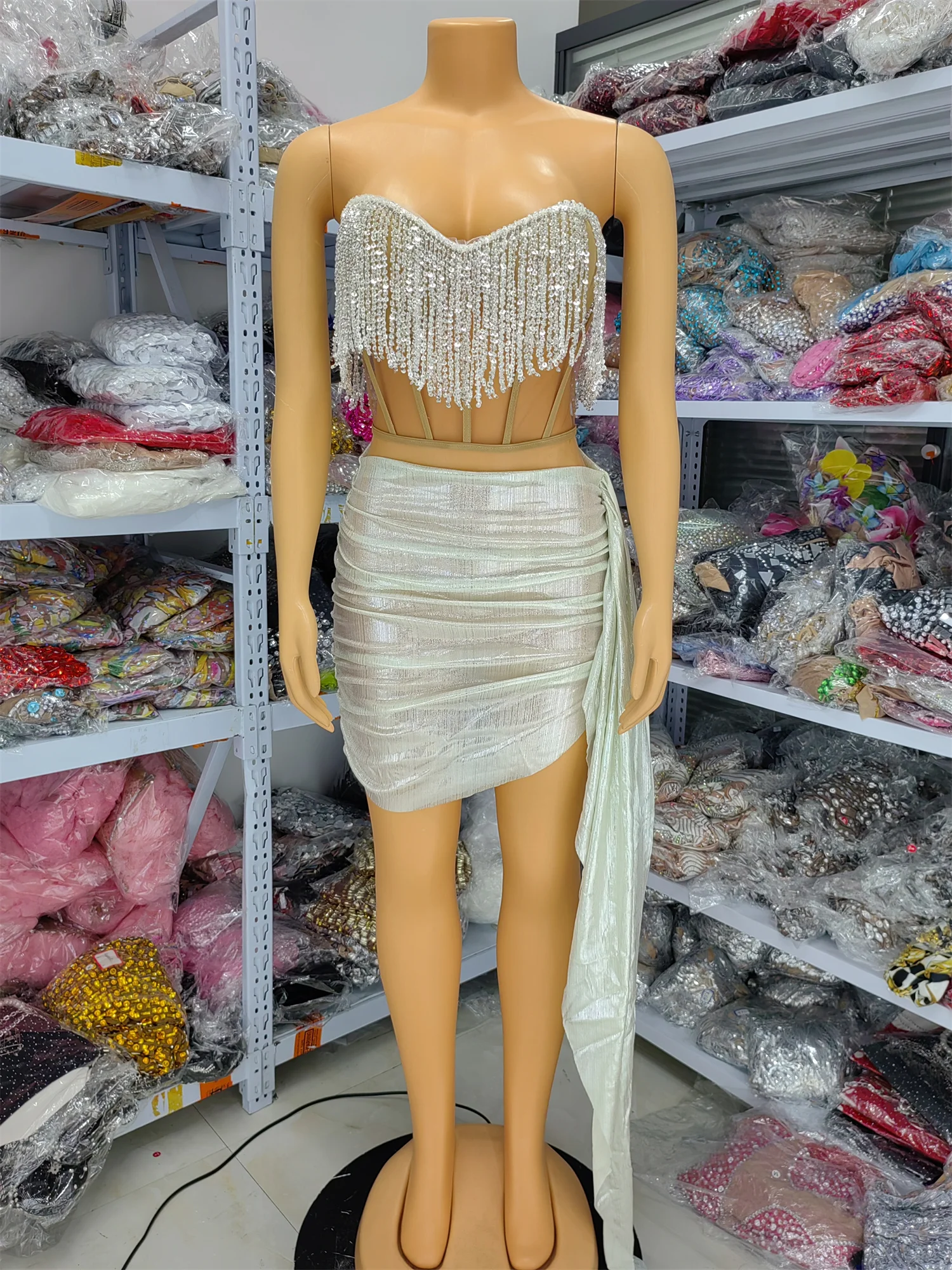 

Set Women 2 Piece Strapless Sequines Tassel Corset Crop Top And Bronzing Trailing Mini Skirt Evening Club Party Outfits Showgirl