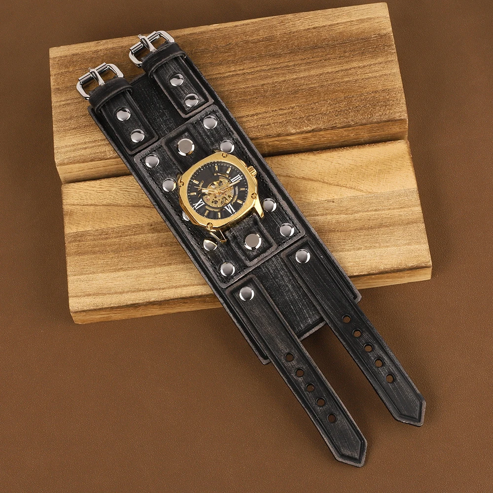 First Layer Cowhide Cuff Strap 20mm Men's Wrist Watch Band with Mat Double Buckle Rivet Punk Leather Watchband Bracelet