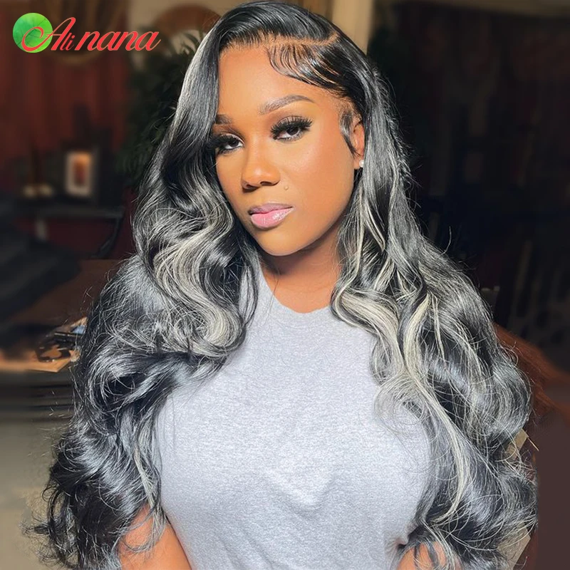 

Highlights Silver Grey Colored Human Hair Wigs For Black Women Original Ash Blonde Platinum Highlight Body Wave Lace Front Wig