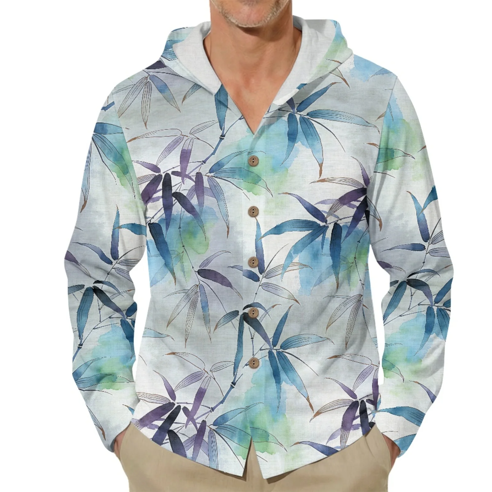 PENSTROLL Blue Leaf Button Up Long Sleeve Tops for Fall Linen Style Hoodie Top Size S-3XL