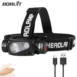 BORUiT IR Sensor Headlamp Super Bright LED 18650 Battery Type-C Rechargeable Headlight Work Fishing Torch Camping Search Lantern