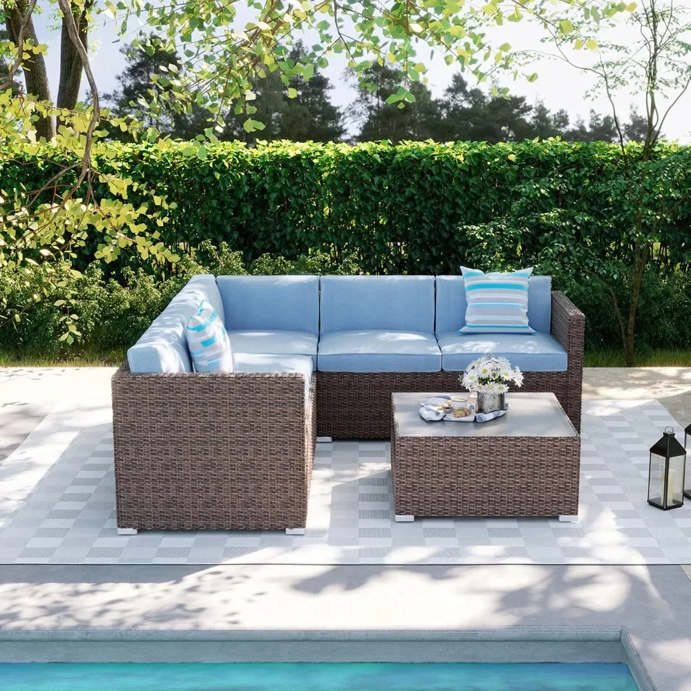 4-piece Outdoor Combination Sofa Courtyard Furniture with Blue Thick Cushion, Courtyard Conversation Set Outdoor Willow Sofa