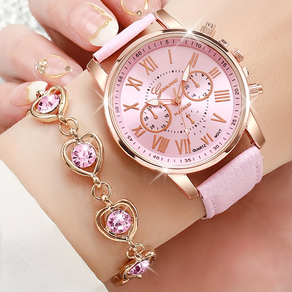 6PCS/Set Fashion Women\'s Quartz Watch Leather Band Analog Wrist Watches Heart Rhinestone Jewelry Set(Without Box)