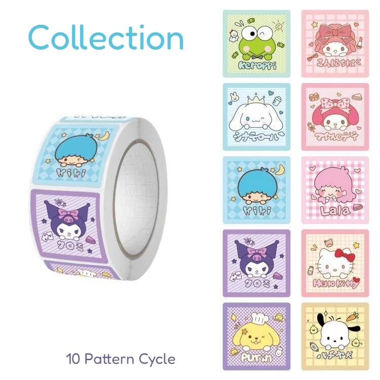 Rotolo di adesivi Sanrio 500 pezzi Cartoon Cute Cinnamoroll Ricompensa per bambini Conto fai da te Materiale Modello ad anello Adesivi sigillanti
