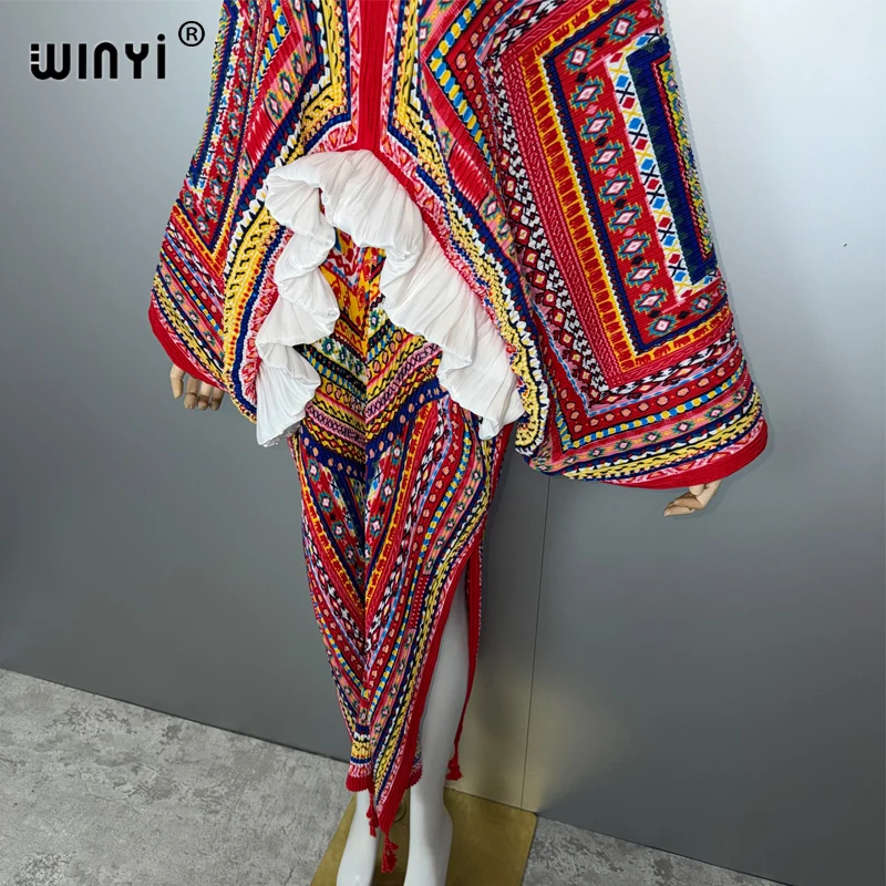 เดรสพิมพ์ลายสไตล์โบฮีเมียน WINYI สำหรับผู้หญิง ดีไซน์ยับๆ ทรงหลวม ชุดเดรสยาวแบบแม็กซี่ สไตล์ผู้หญิง ชุดเดรสสำหรับวันหยุด งานปาร์ตี้ ชุดเดรสจีบหรูหรา
