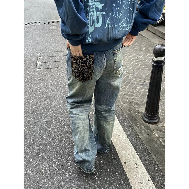 ZHIZOU Women Wide-Leg Blue Jeans Y2K Harajuku High Street Aesthetics Vintage 2000s Style Ripped Leopard Denim Clothing Spring