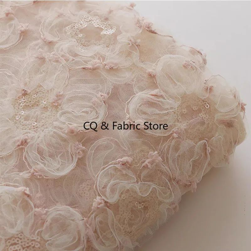 

INS Beautiful Pink Beige Lace Pan Flower Sequin Embroidery Mesh Fabric Women's Dress Custom Fabric Designer Fabric By the meter